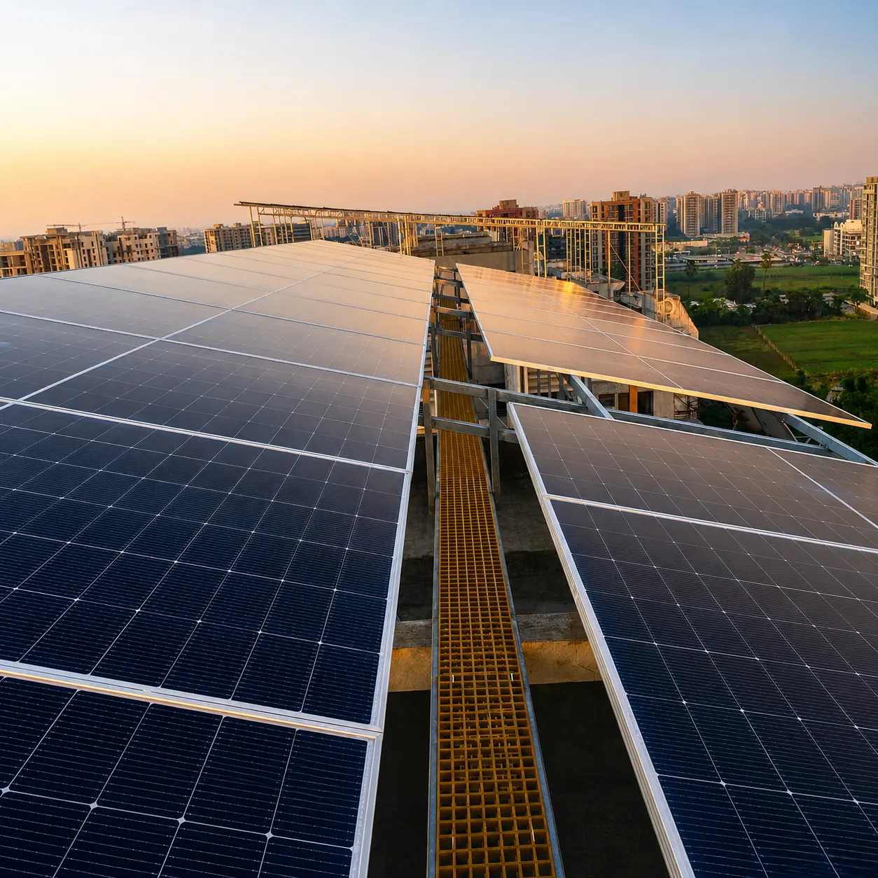 High-rise rooftop solar installation photographed at dusk
