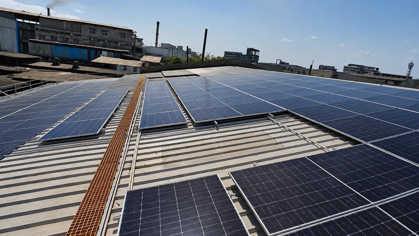 Industrial metal-roof solar installation with access walkway