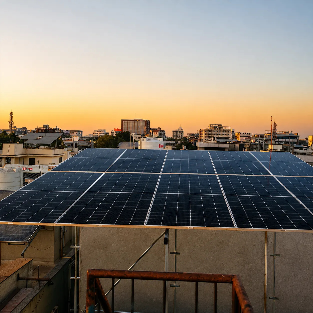 Rooftop solar array overlooking the Ahmedabad skyline at sunset