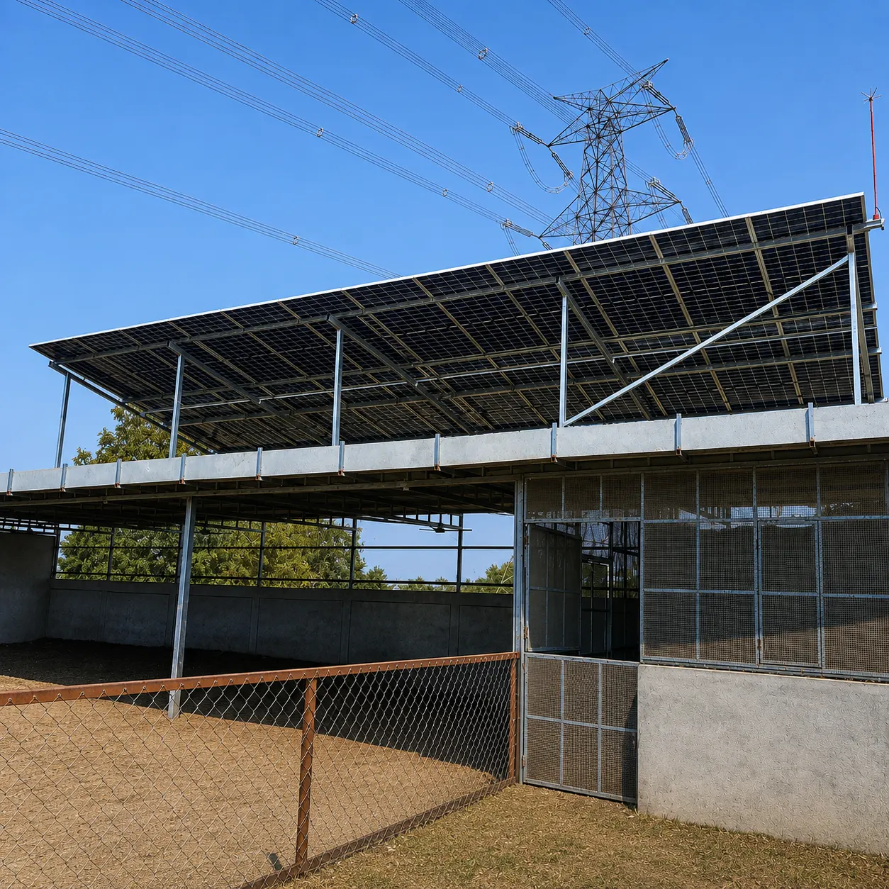Elevated solar installation above a farm shed in Gujarat