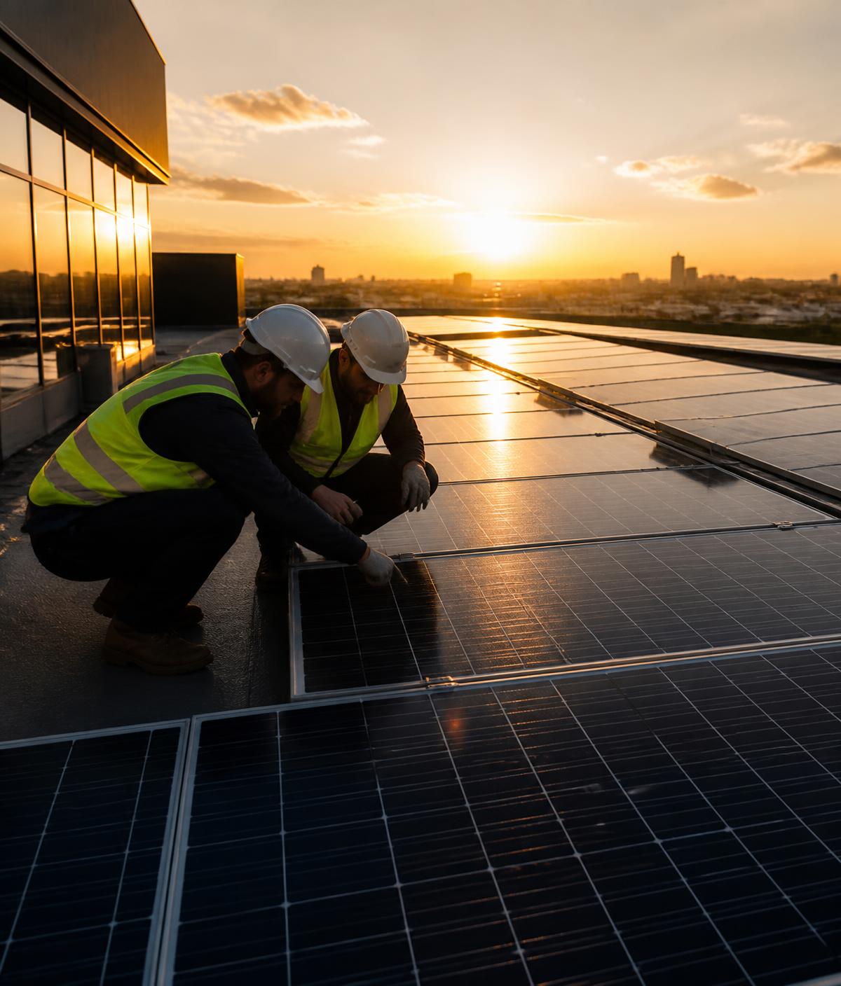 Indrasan Solar engineers inspecting a commercial rooftop solar array at sunset